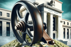 Conceptual image illustrating the influence of the Federal Reserve on the economy. The central element should be a large lever, symbolizing the Federal Reverse.