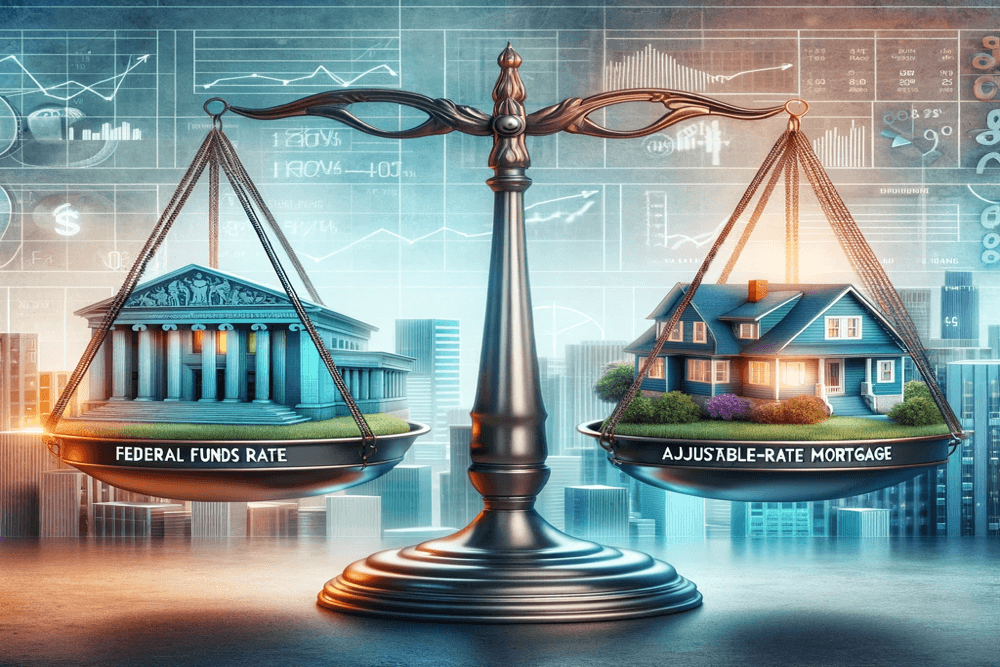 A digital image with a scale representing the relationship between the Federal Funds Rate and Adjustable Rate Mortgages