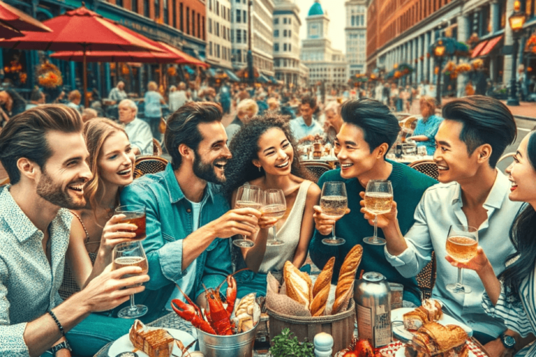 An image depicting a lively scene of people enjoying food and drinks in Boston. The setting is an outdoor cafe in a bustling Boston street.